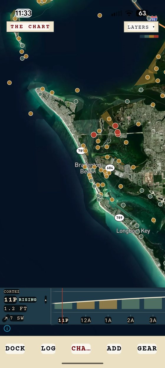 Inshore Bite chart: Cortez, rising tide, wind and tide strip over a satellite map